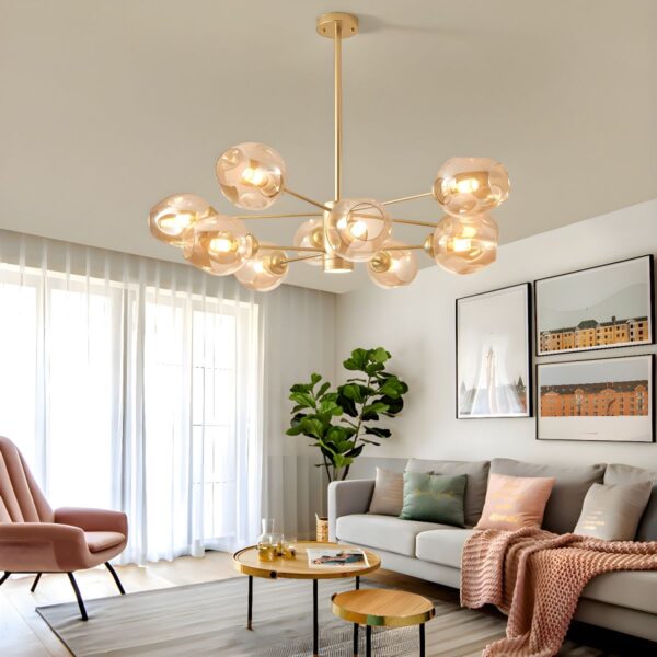 Lustre Radial en Métal Moderne Suspension à Abat-Jour en Verre à Fossettes Ambré