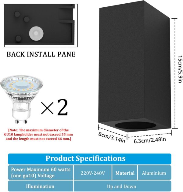 Applique murale LED - Pour l’extérieur - Anthracite - En forme de cube - Avec 2 douilles GU10 des deux côtés - Lumière ascendante et descendante - Lampe murale d’extérieur - IP54