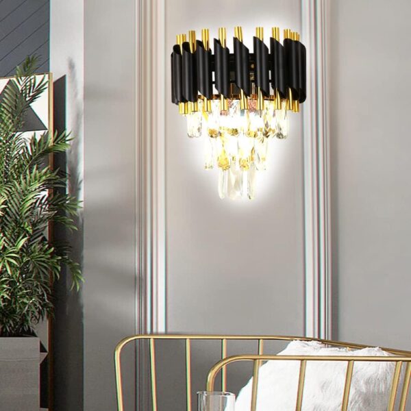 Applique murale en cristal, 10 pouces, moderne, montage encastré, applique murale dorée pour chambre à coucher, salon, salle à manger, éclairage intérieur, applique murale noire, ampoule incluse