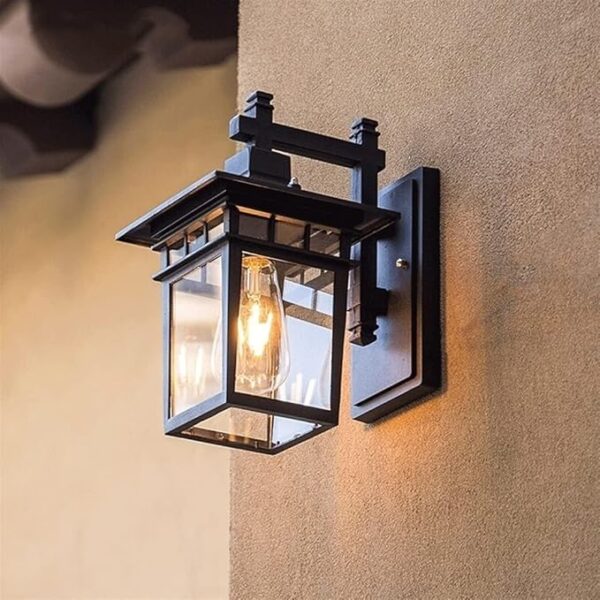 Applique murale carrée d'extérieur, éclairage de style vintage, luminaire d'extérieur pour jardin, porche, lanterne rétro en aluminium moulé sous pression avec base en verre transparent E27, applique murale noire mate, îlot de cuisine