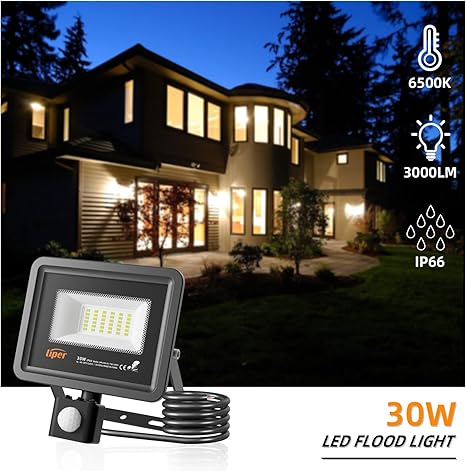 Liper 30W Projecteur LED Exterieur Detecteur de Mouvement, 3000LM 6500K IP66 LED Lumiere Exterieure Capteur Infrarouge Spot Exterieur Garages Jardins
